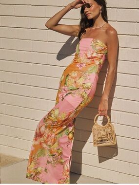 PQ Swim Strapless Pink and Orange Floral Maxi Dress xs/s NWT original packaging